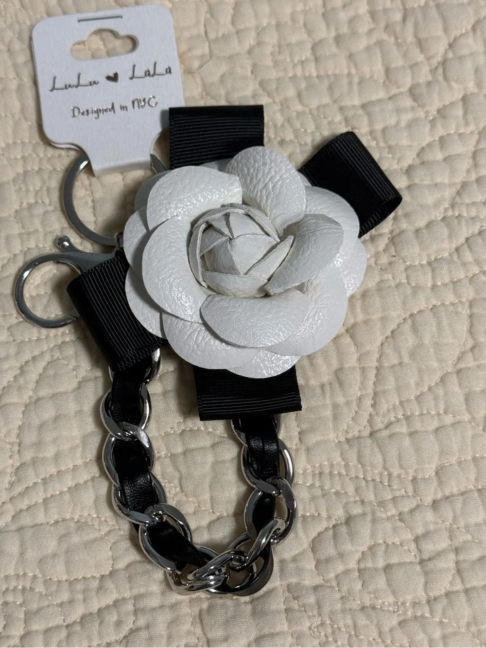 Bag charm/keychain White Flower w/ Pearl & black chain! You pick one!!! NWT